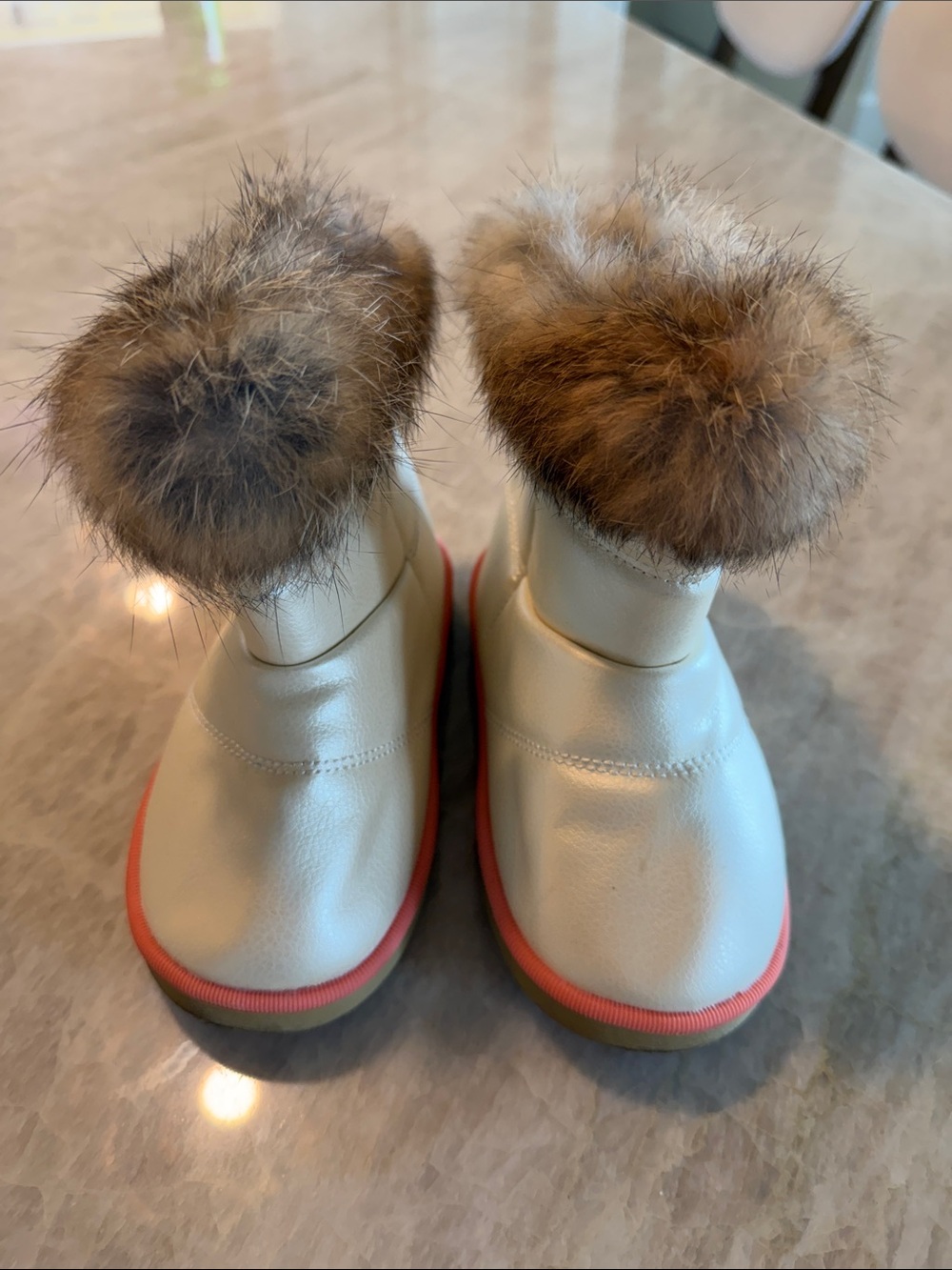 Moschino Faux Fur Trim Ivory Kids Boots with Coral Trim and Velcro closure